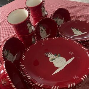 TRACY PORTER Red "Jolly Ol' Snowy" Snowman Dinnerware Set of 4 Settings (16 pcs)